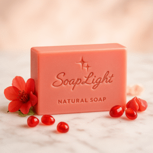 Pomegranate soap by Soaplight with soft pink hues and a natural blush tone on a beige surface.